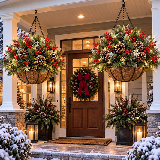 🔥HOT SALE🔥🎄Christmas Hot Sale🔥 Pre-Lit Christmas Hanging Basket | Warm LED Evergreen Décor for Porches, Doors & Entryways ✨