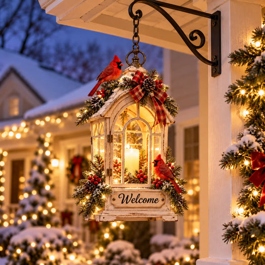 ❤️🐦 Cardinal's Warm Welcome™ – Lighted Christmas Hanging Porch Lantern | Vintage Cardinal Bird Decor, Cozy Holiday Glow & Heartwarming Gift 🎄✨