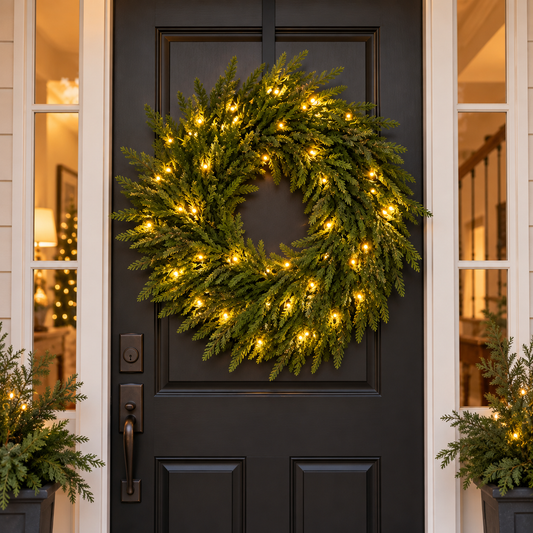 🎄 CHRISTMAS LIMITED-TIME 57% OFF✨Pre-Lit Evergreen Christmas Wreath – Warm Glow Faux Pine Door Decor