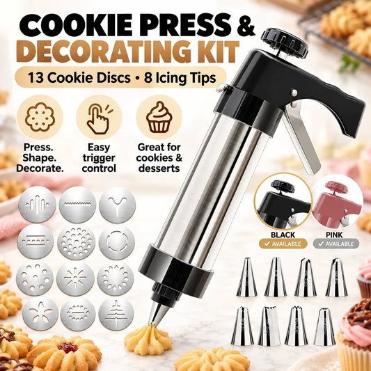 🔥HOT SALE🔥🍪 Stainless Steel Cookie Press & Decorating Kit | 13 Cookie Discs + 8 Icing Tips for Cookies, Cupcakes & Cakes 🧁